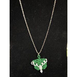 Handmade Crochet Purse Pendant Necklace With 23" Chain Green & White Accents Lig